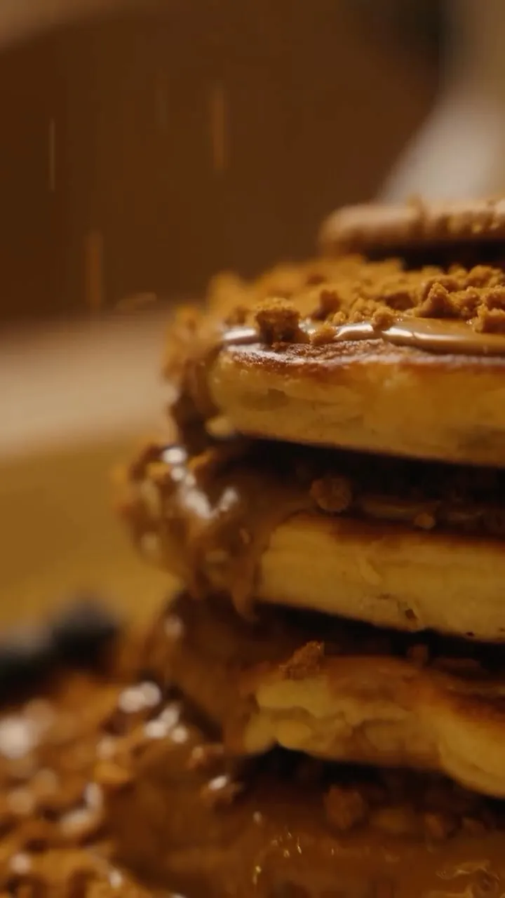 Pancake-Stapel mit Karamell und Keksbröseln im BALŪ Nürnberg